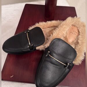 a new day Black Faux Leather Mules with Tan Faux Fur and Gold Accent